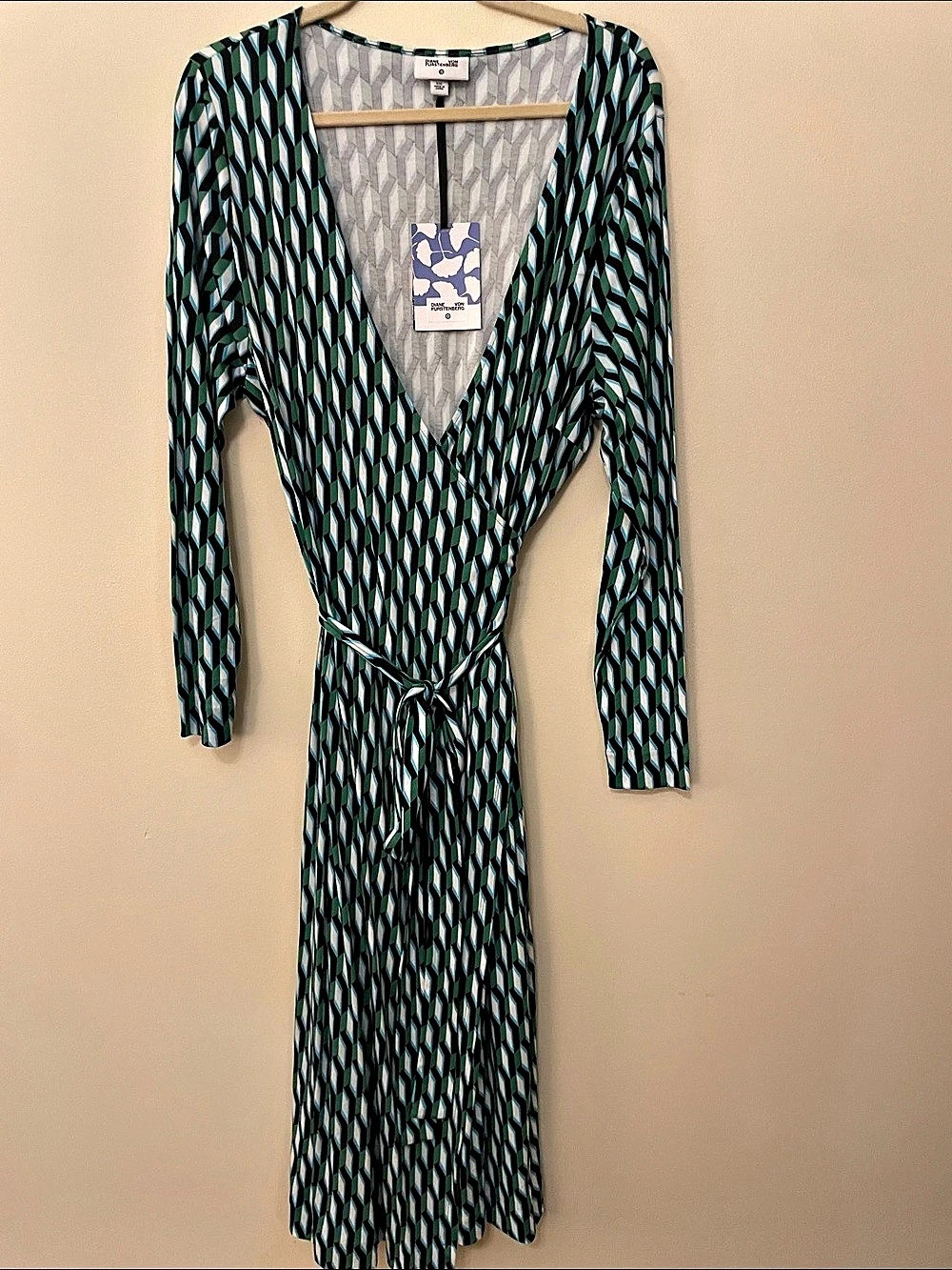 Diane von Furstenberg for Target wrap dress in green and black geometric print.